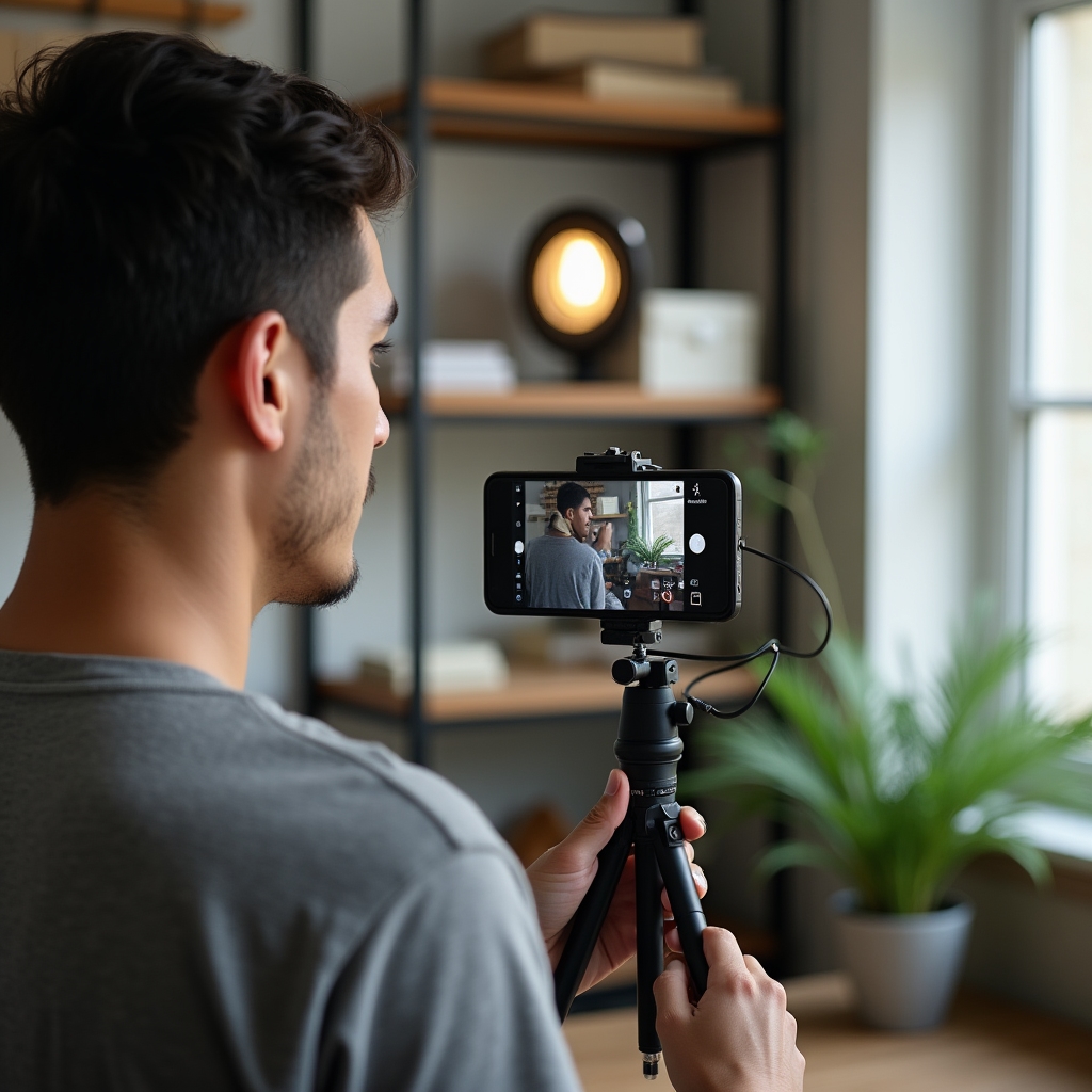 Integrante de un equipo grabando contenido para redes sociales con un teléfono móvil